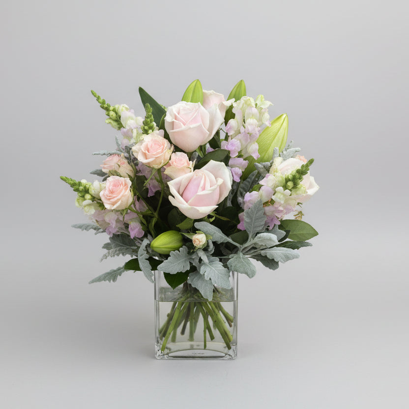 Soft Pink Roses in Glass Cube