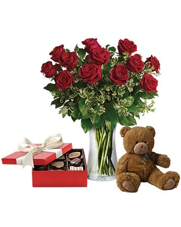 Dozen Red Roses Vase (Including Teddy & Chocolates)