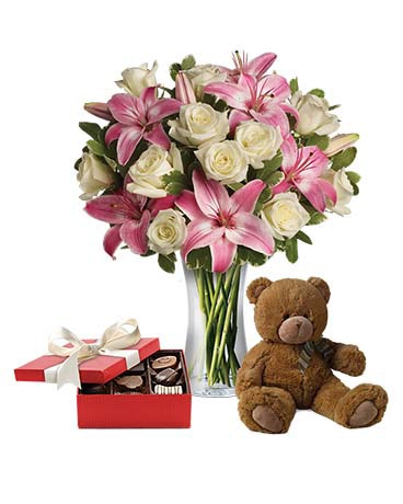 Rose & Lilies Vase (Including Teddy & Chocolates)